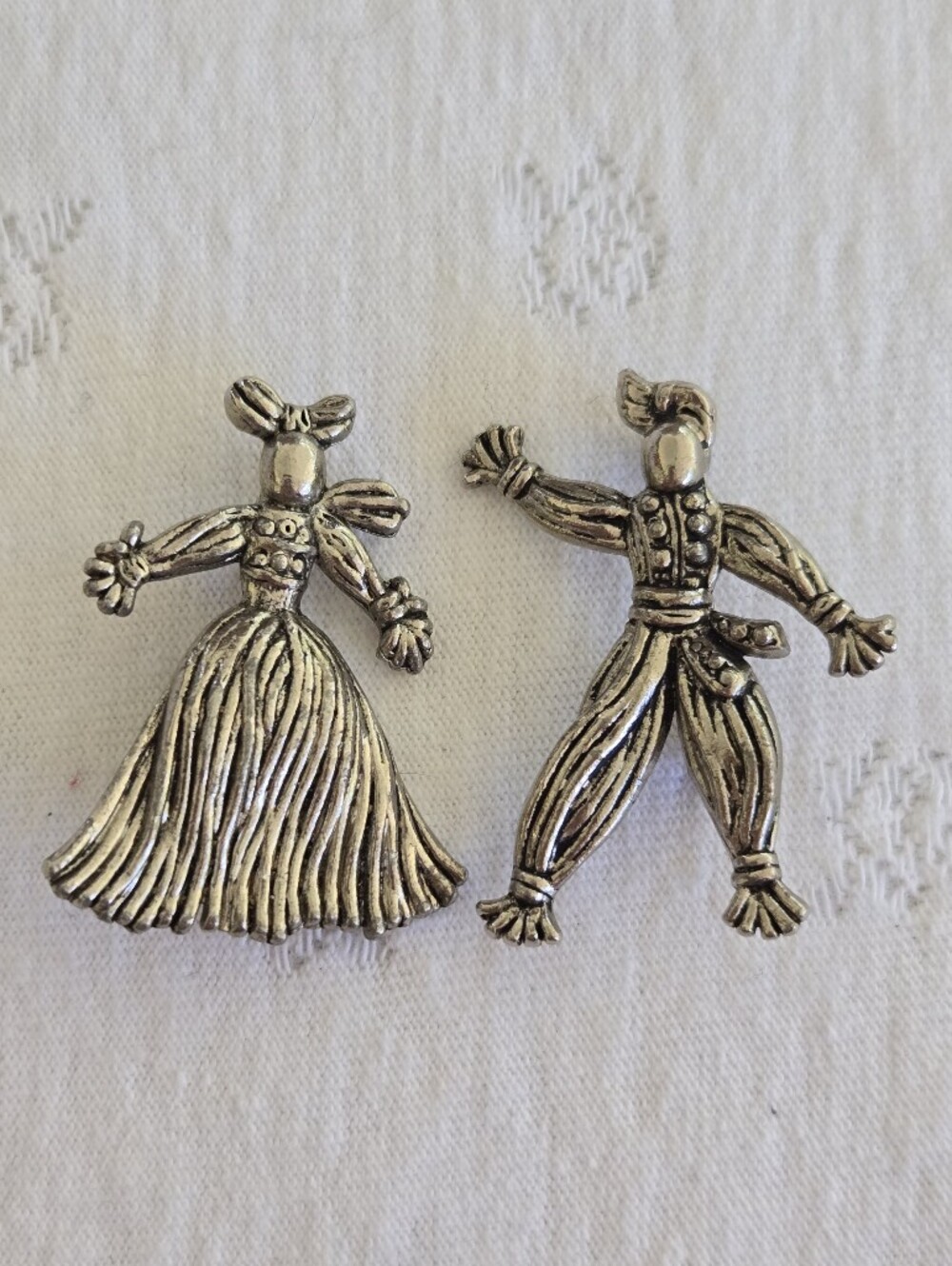 1940's Silver Nenette and Rintintin Pom-Pom Rag Doll Figural Pair of Brooches